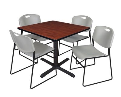 Regency Cain Square X-Base Breakroom Table with 4 Zeng Stack Chairs, 36 in., Gray
