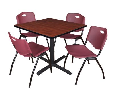 Image showing  Cain Square X-Base Breakroom Table with 4 M Stack Chairs, 36 in., Burgundy