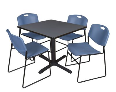 Regency Cain 36 in. Square Breakroom Table, X-Base & 4 Zeng Stack Blue Chairs