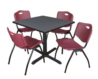 Regency Cain 36 in. Square Breakroom Table, X-Base & 4 M Stack Burgundy Chairs