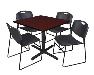 Regency Cain 36 in. Square Breakroom Table, X-Base & 4 Zeng Stack Black Chairs