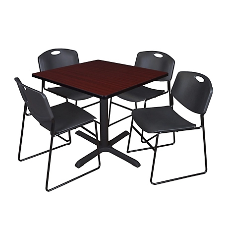 Regency Cain 36 in. Square Breakroom Table, X-Base & 4 Zeng Stack Black Chairs