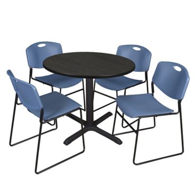 Regency Cain 36 in. Round Breakroom Table & 4 Zeng Stack Blue Chairs