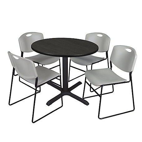 Regency Cain 36 in. Round Breakroom Table & 4 Zeng Stack Grey Chairs