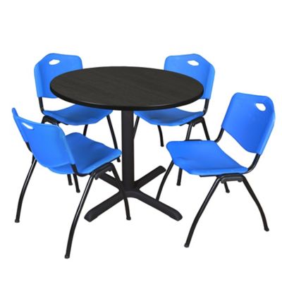 Regency Cain 36 in. Round Breakroom Table & 4 M Stack Blue Chairs