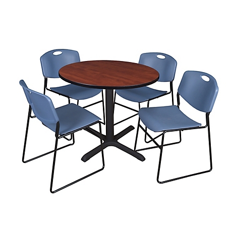 Regency Cain 36 in. Round Breakroom Table, X-Base & 4 Zeng Stack Blue Chairs