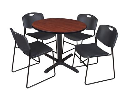 Regency Cain 36 in. Round Breakroom Table, X-Base & 4 Zeng Stack Black Chairs