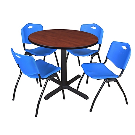 Regency Cain 36 in. Round Breakroom Table, X-Base & 4 M Stack Blue Chairs