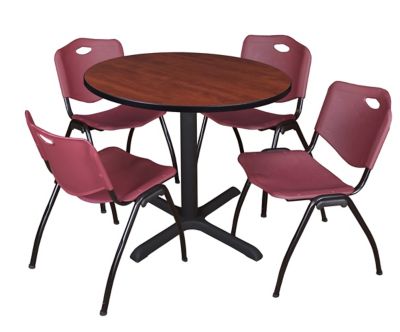 Regency Cain 36 in. Round Breakroom Table, X-Base & 4 M Stack Burgundy Chairs -  TB36RNDCH47BY