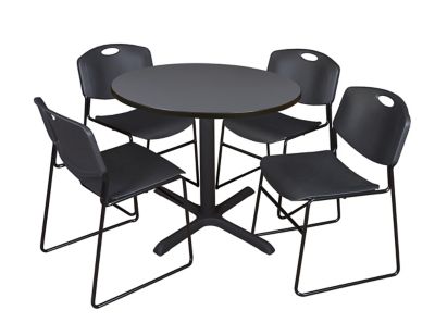 Regency Cain Round X-Base Breakroom Table with 4 Zeng Stack Chairs, 36 in., Black