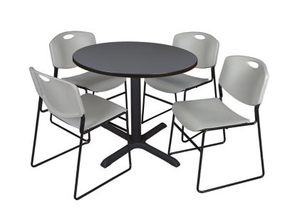 Regency Cain 36 in. Round Breakroom Table, X-Base & 4 Zeng Stack Grey Chairs