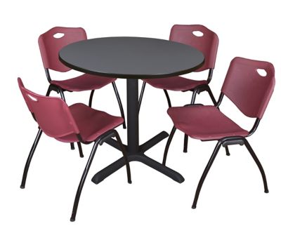 Regency Cain 36 in. Round Breakroom Table, X-Base & 4 M Stack Burgundy Chairs