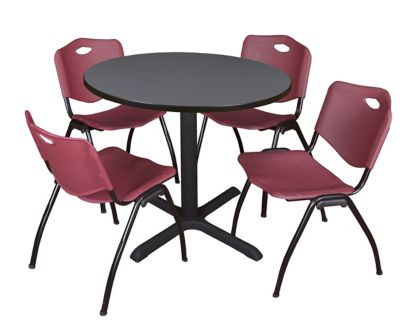 Regency Cain Round X-Base Breakroom Table with 4 M Stack Chairs, 36 in., Burgundy