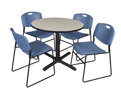 Regency Cain 36 in. Round Breakroom Table, X-Base & 4 Zeng Stack Blue Chairs