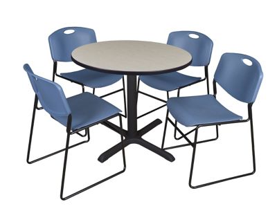 Regency Cain Round X-Base Breakroom Table with 4 Zeng Stack Chairs, 36 in., Blue