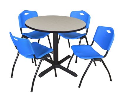 Regency Cain 36 in. Round Breakroom Table, X-Base & 4 M Stack Blue Chairs