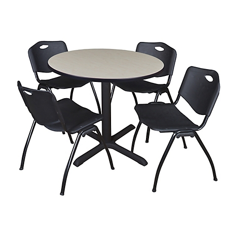 Regency Cain 36 in. Round Breakroom Table, X-Base & 4 M Stack Black Chairs
