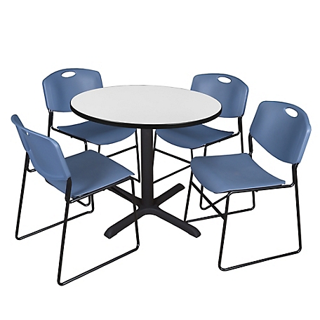 Regency Cain 36 in. Round Breakroom Table & 4 Zeng Stack Blue Chairs