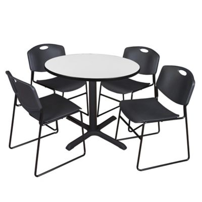 Regency Cain 36 in. Round Breakroom Table & 4 Zeng Stack Black Chairs