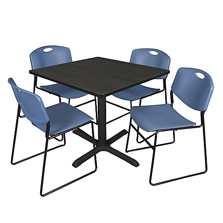 Regency Cain 42 in. Square Breakroom Table & 4 Zeng Stack Blue Chairs