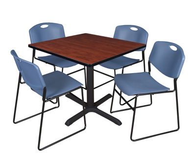 Regency Cain Square X-Base Breakroom Table with 4 Zeng Stack Chairs, 42 in., Blue