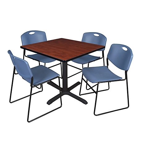 Regency Cain 42 in. Square Breakroom Table, X-Base & 4 Zeng Stack Blue Chairs