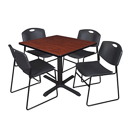 Regency Cain 42 in. Square Breakroom Table, X-Base & 4 Zeng Stack Black Chairs