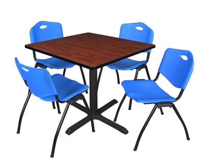 Regency Cain Square X-Base Breakroom Table with 4 M Stack Chairs, 42 in., Blue