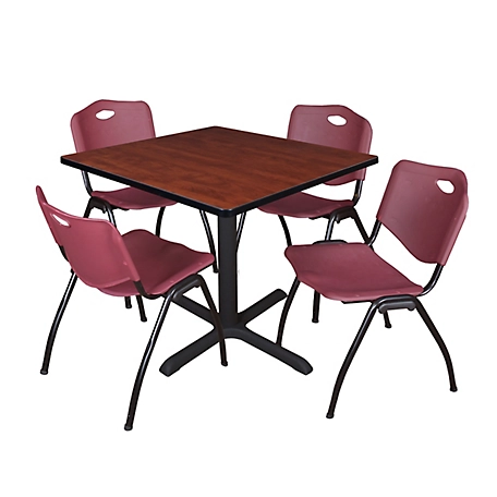 Regency Cain 42 in. Square Breakroom Table, X-Base & 4 M Stack Burgundy Chairs