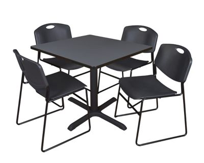 Regency Cain Square X-Base Breakroom Table with 4 Zeng Stack Chairs, 42 in., Black