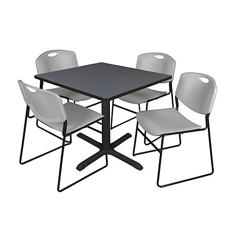 Regency Cain 42 in. Square Breakroom Table, X-Base & 4 Zeng Stack Grey Chairs