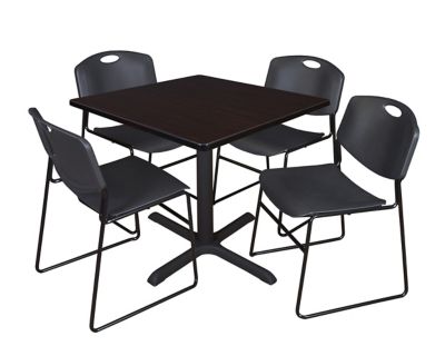 Regency Cain Square X-Base Breakroom Table with 4 Zeng Stack Chairs, 42 in., Black