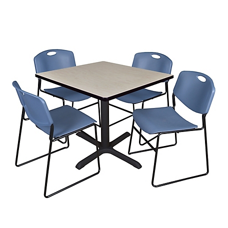 Regency Cain 42 in. Square Breakroom Table, X-Base & 4 Zeng Stack Blue Chairs
