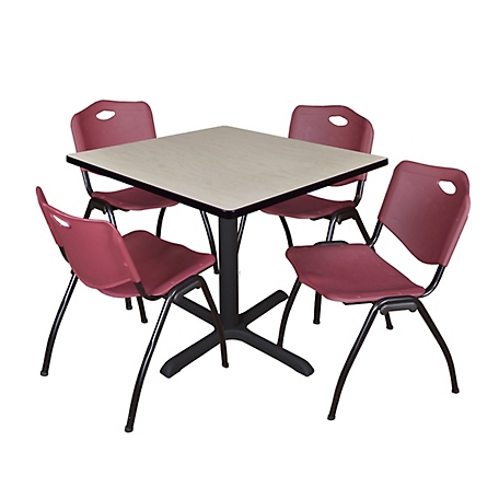 Regency Cain 42 in. Square Breakroom Table, X-Base & 4 M Stack Burgundy Chairs