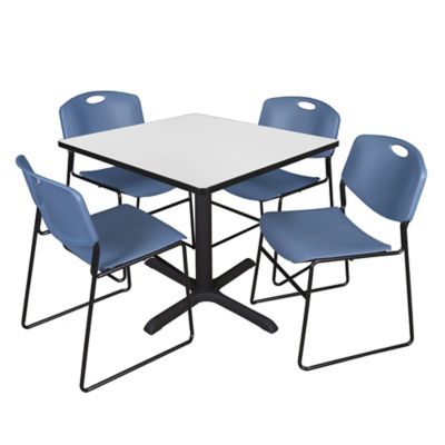 Regency Cain 42 in. Square Breakroom Table & 4 Zeng Stack Blue Chairs