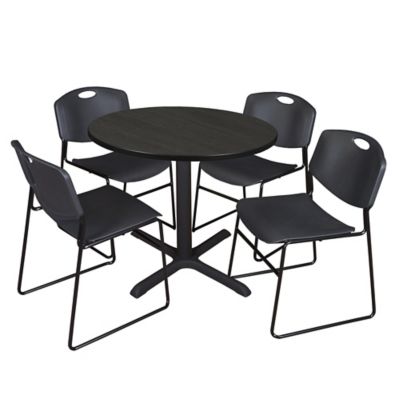 Regency Cain 42 in. Round Breakroom Table & 4 Zeng Stack Black Chairs