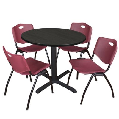 Regency Cain 42 in. Round Breakroom Table & 4 M Stack Burgundy Chairs