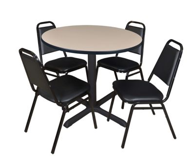 Regency Cain 42 in. Round Breakroom Table, X-Base & 4 Restaurant Stack Chairs