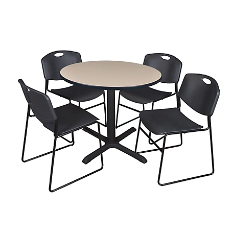 Regency Cain 42 in. Round Breakroom Table, X-Base & 4 Zeng Stack Black Chairs