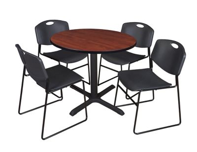 Regency Cain Round X-Base Breakroom Table with 4 Zeng Stack Chairs, 42 in., Black