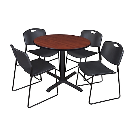Regency Cain 42 in. Round Breakroom Table, X-Base & 4 Zeng Stack Black Chairs