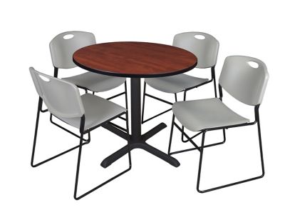 Regency Cain 42 in. Round Breakroom Table, X-Base & 4 Zeng Stack Grey Chairs
