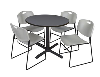 Regency Cain Round X-Base Breakroom Table with 4 Zeng Stack Chairs, 42 in., Gray