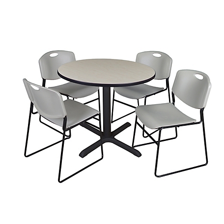 Regency Cain 42 in. Round Breakroom Table, X-Base & 4 Zeng Stack Grey Chairs