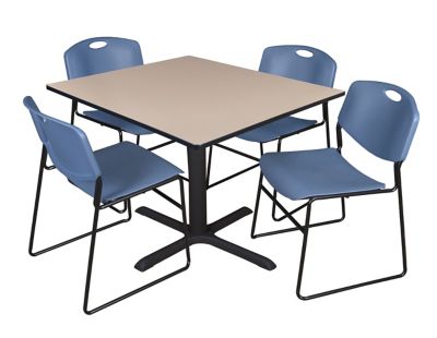 Regency Cain 48 in. Square Breakroom Table, X-Base & 4 Zeng Stack Blue Chairs