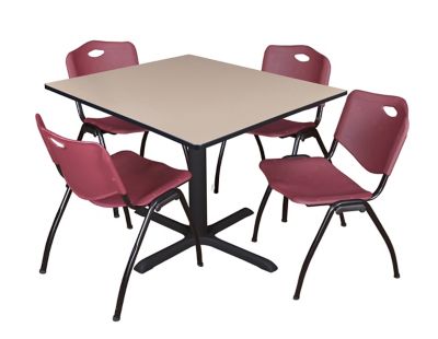 Regency Cain 48 in. Square Breakroom Table, X-Base & 4 M Stack Burgundy Chairs