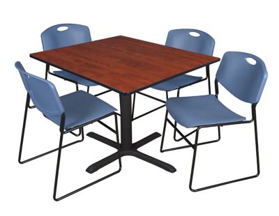 Image showing  Cain Square X-Base Breakroom Table with 4 Zeng Stack Chairs, 48 in., Blue