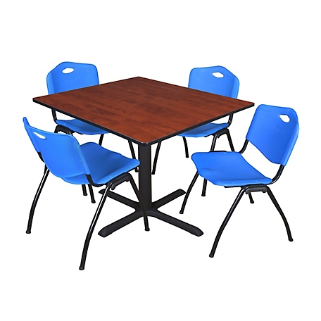 Regency Cain 48 in. Square Breakroom Table, X-Base & 4 M Stack Blue Chairs