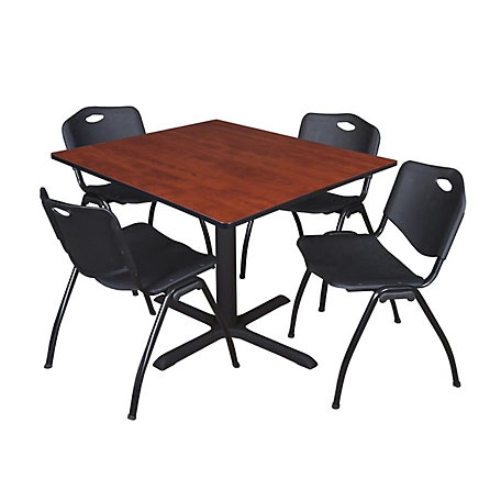 Regency Cain 48 in. Square Breakroom Table, X-Base & 4 M Stack Black Chairs