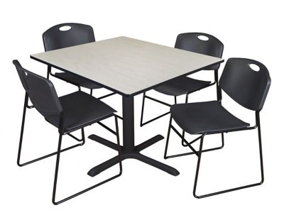 Regency Cain Square X-Base Breakroom Table with 4 Zeng Stack Chairs, 48 in., Black